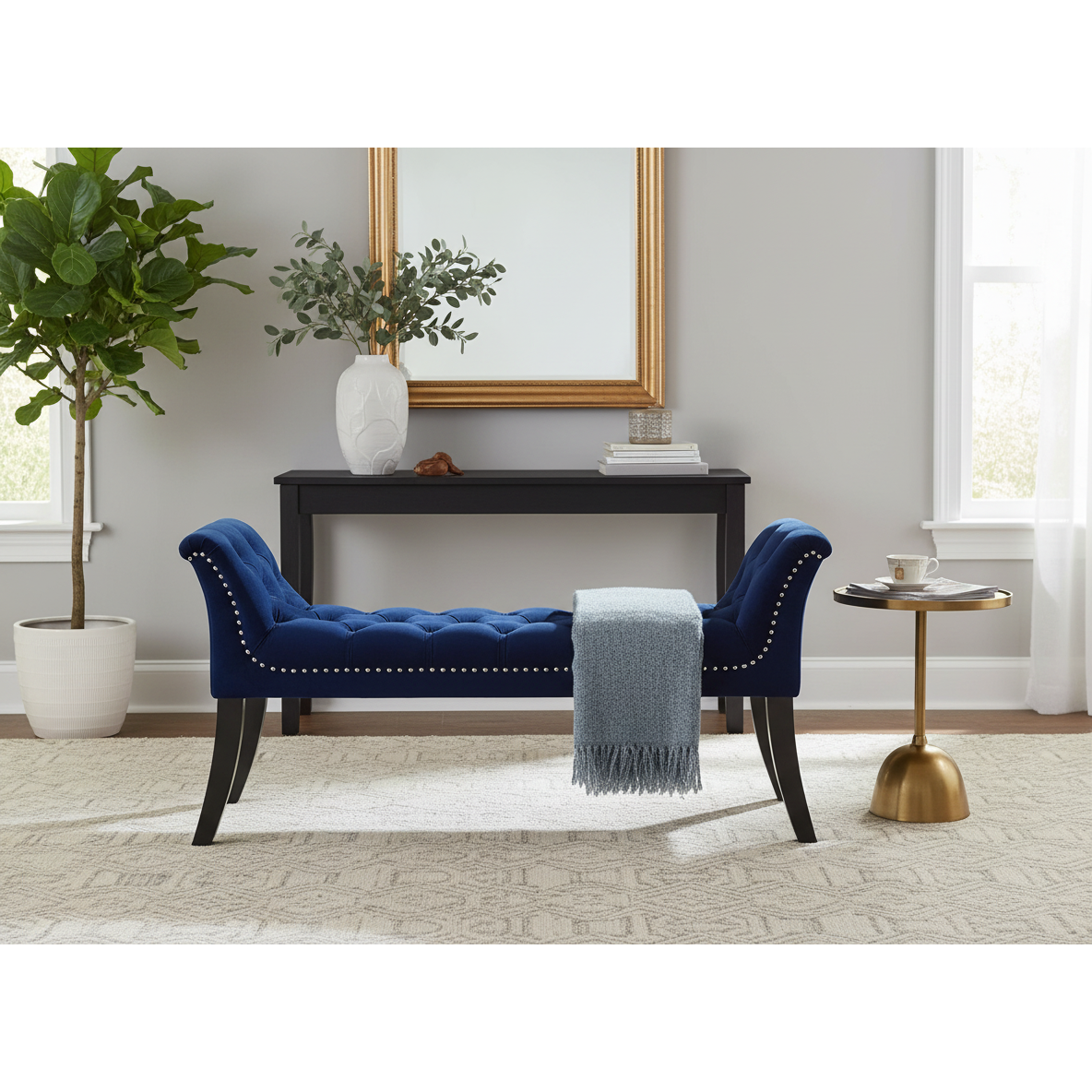 Imperial Tufted Bench with Armrest – Navy Blue, Elegant Bedroom or Hallway Seating