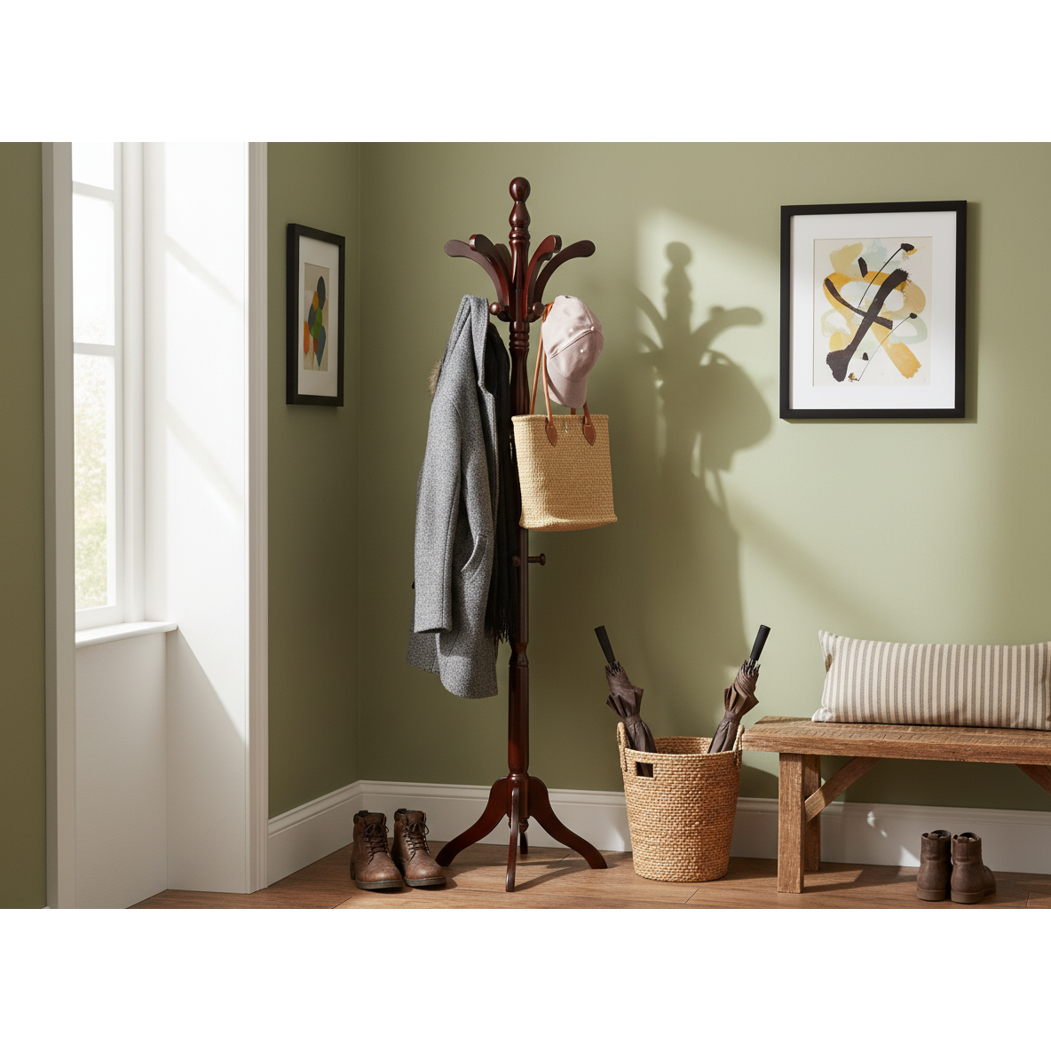Kathy Wooden Coat Rack – Mahogany Finish, Free-Standing Hall Tree for Coats & Hats