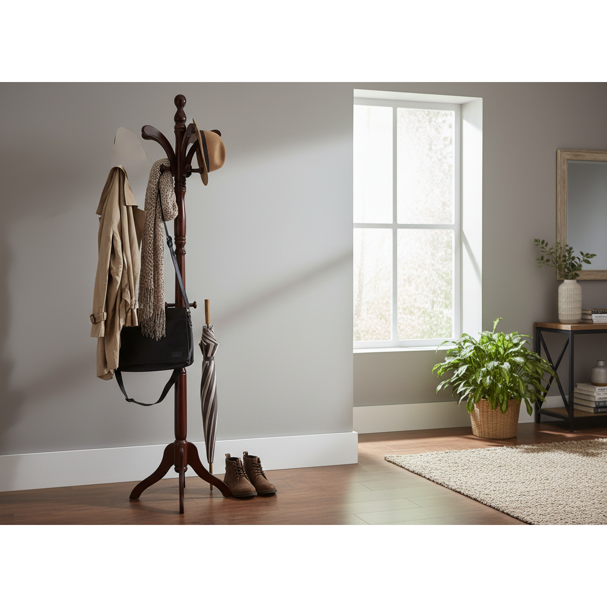 Kathy Wooden Coat Rack – Mahogany Finish, Free-Standing Hall Tree for Coats & Hats