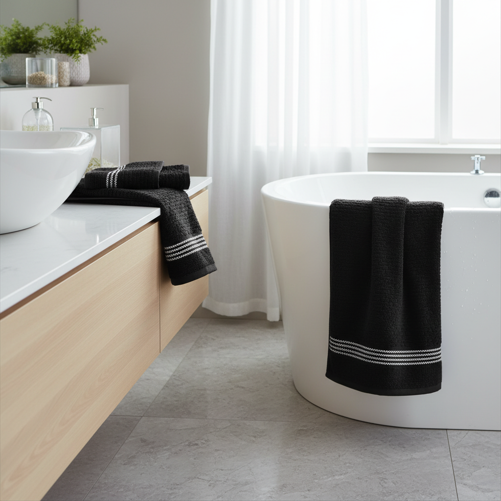 Luxury Stitch Bath Towel Black 30x60 Inch Set of 2