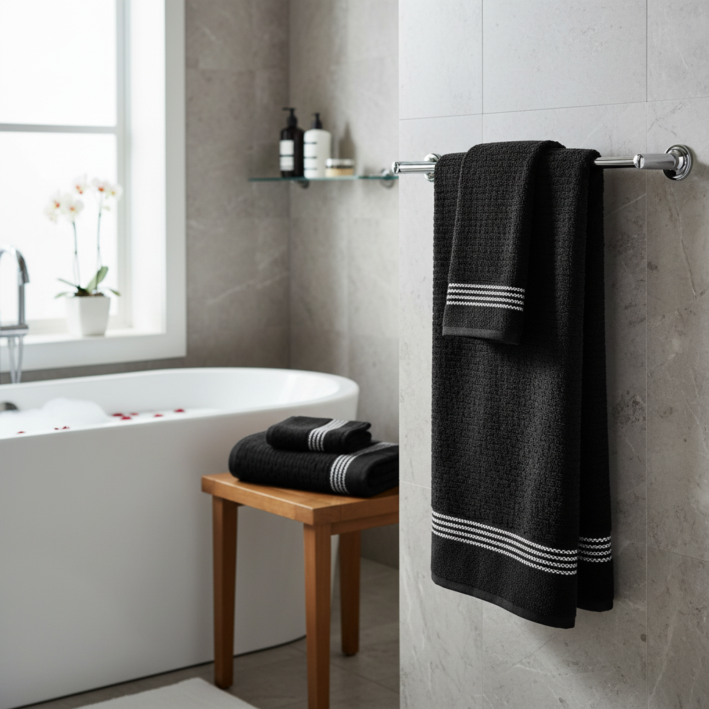 Luxury Stitch Bath Towel Black 30x60 Inch Set of 2