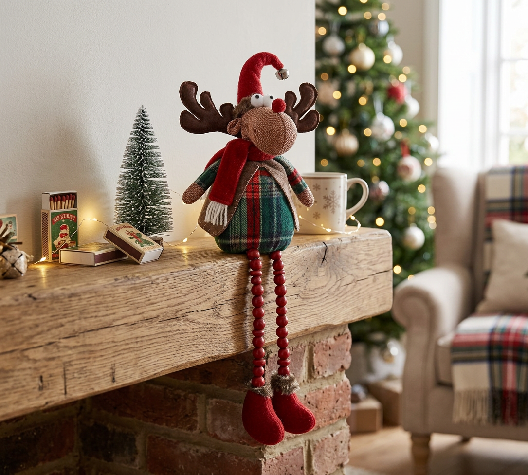 Moose Plush Shelf Dangler, Winter Animal Plush Decoration, Holiday Shelf Decor
