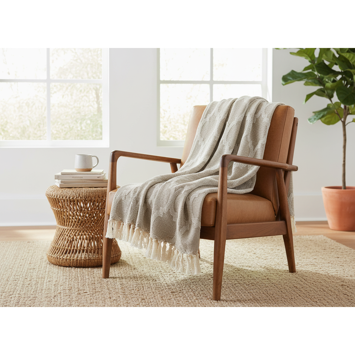 Moroccan Tile Cotton Throw With Fringe 50"X60", Moroccan Tile Cotton Throw 50"X60", Fringed Sofa Blanket, Boho Living Room Accent