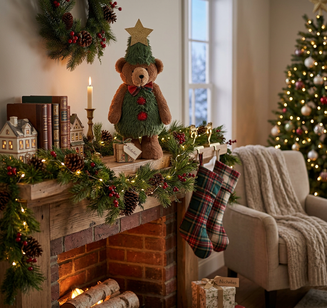 Nicholas Teddy Bear Plush Stander 18.5" – Christmas Decor, Holiday Plush Figure