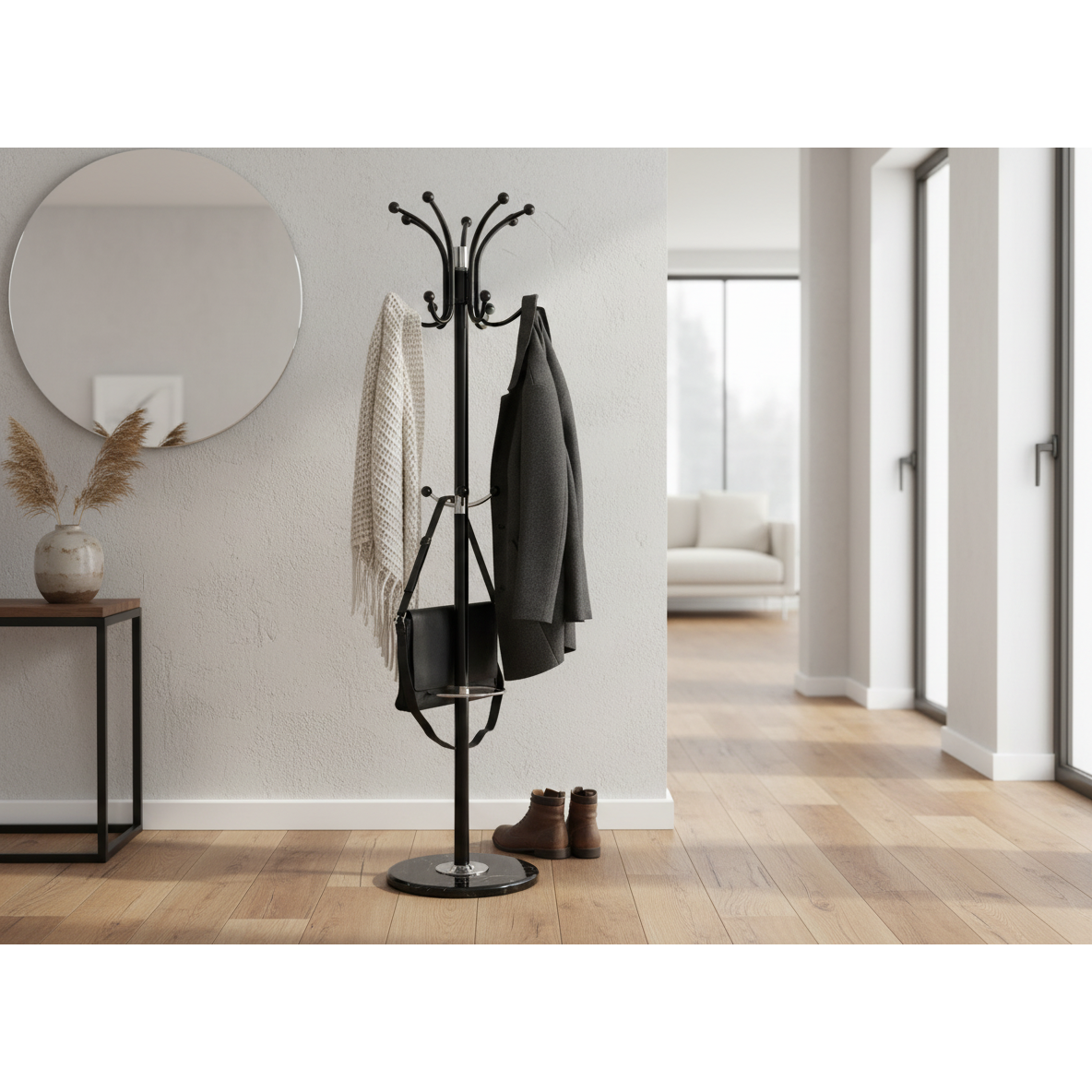 Phebe Black Coat Rack with Marble Base, Free-Standing Hall Tree