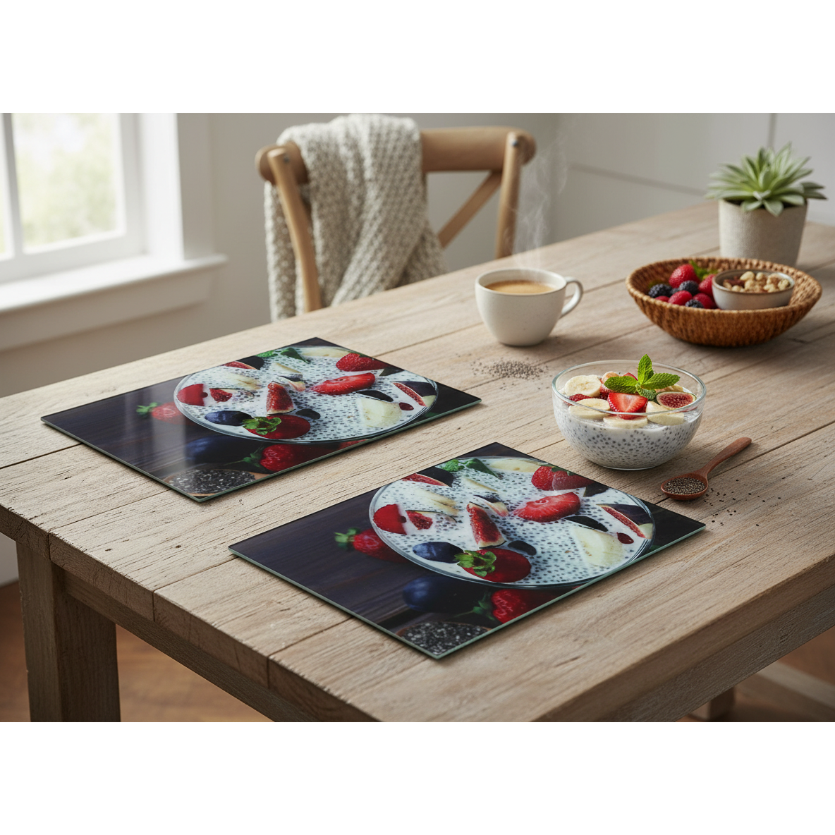 Printed Glass Cutting Board Chia Pudding - Set of 2 Decorative Kitchen Cutting Board and Serving Board