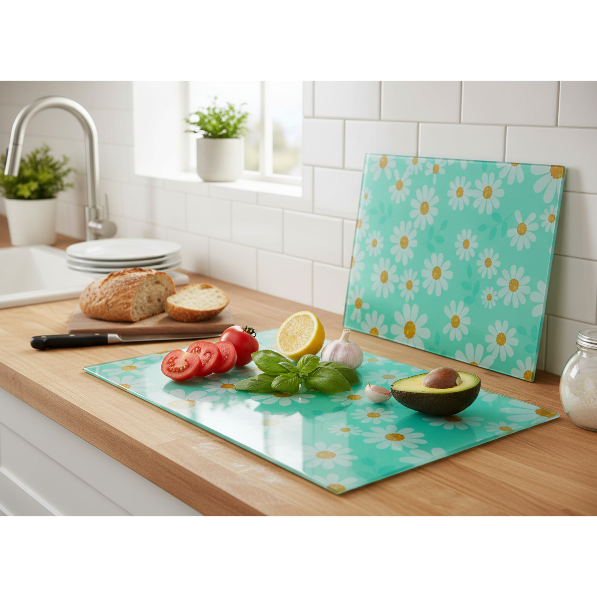 Printed Glass Cutting Board Daisy Print - Set of 2 Floral Kitchen Cutting and Serving Board