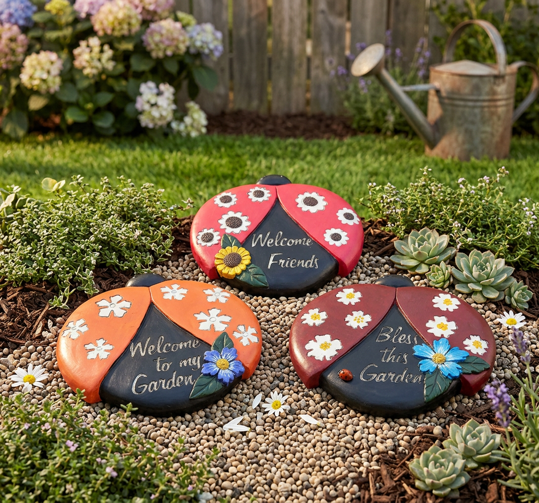 Round Garden Stepping Stones Ladybug Assorted Set Of 3, Outdoor Garden Decor, Lawn Accent