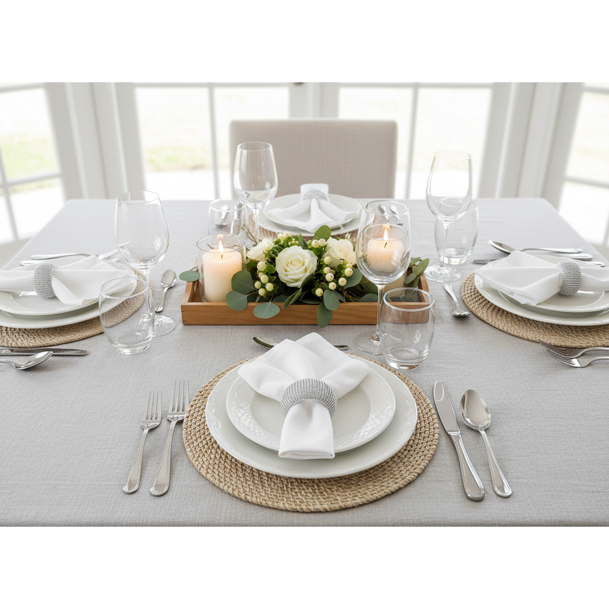 Silver Beaded Napkin Ring Set Of 6, Holiday Table Decor, Festive Dining Accent
