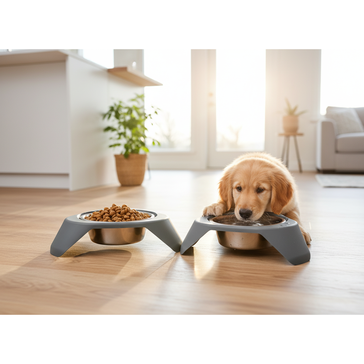 Grey Stainless Steel Pet Bowl Set of 2 with Stand – Dog & Cat Feeding Station