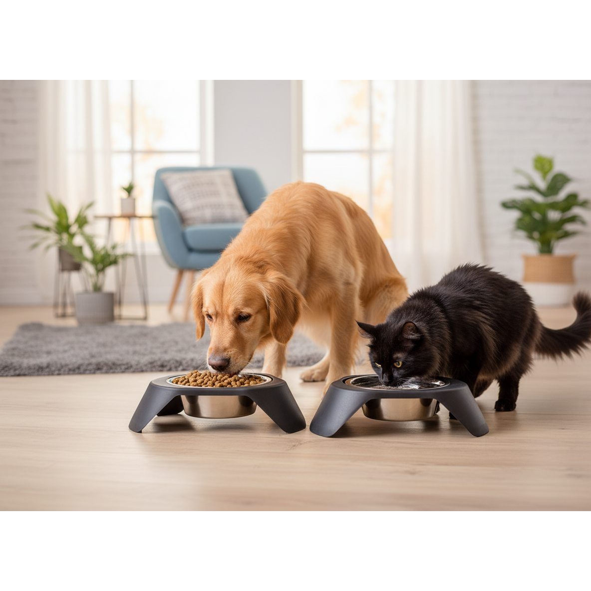 Black Stainless Steel Pet Bowl Set of 2 with Stand – Dog & Cat Feeding Station