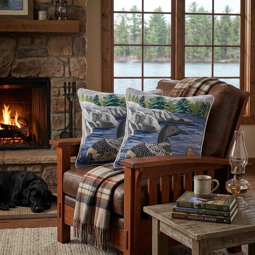 Tapestry Cushion Loon 18 X 18" Set Of 2, Loon Tapestry Throw Pillow 18 X 18", Decorative Woven Cushion, Cabin Style Home Accent
