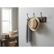 Triple Gun Metal Iron Wall Hooks On Wooden Base Coat and Hat Rack