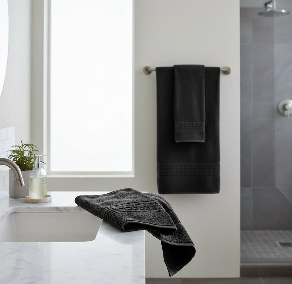 Basketweave Cotton Bath Towels Black 27x50 Inch – Plush & Durable – Set of 2
