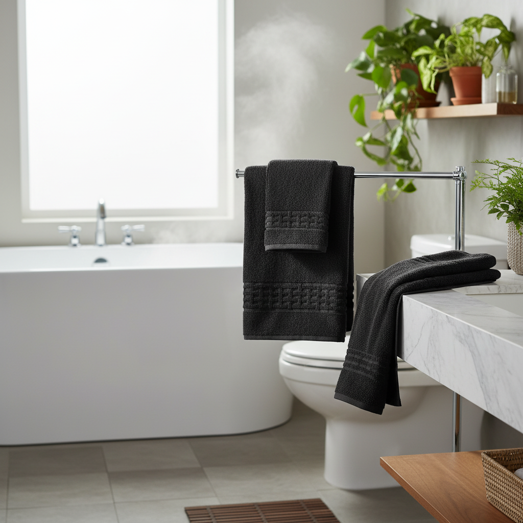 Basketweave Cotton Bath Towels Black 27x50 Inch – Plush & Durable – Set of 2