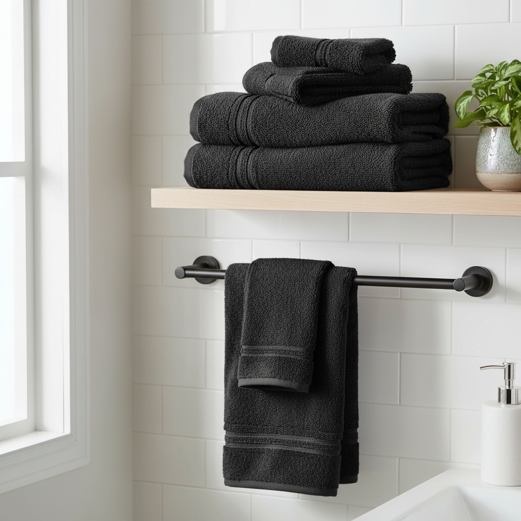 Basketweave Cotton Hand Towel Black 16x27 Inch – Soft, Absorbent, Durable – Set of 6