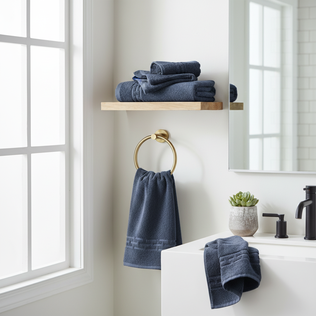 Basketweave Cotton Hand Towel Navy Blue 16x27 Inch – Soft, Plush & Quick Drying – Set of 6