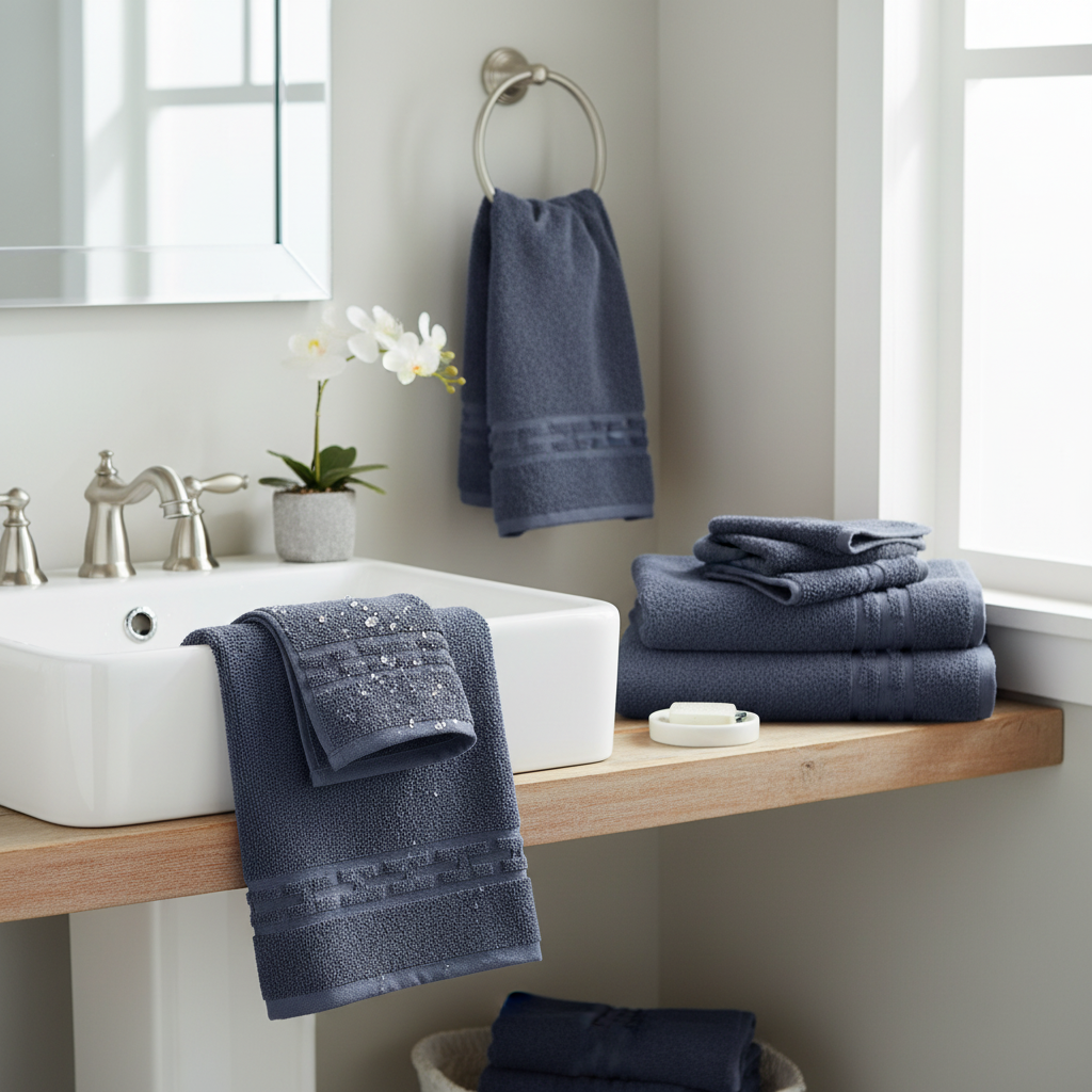 Basketweave Cotton Hand Towel Navy Blue 16x27 Inch – Soft, Plush & Quick Drying – Set of 6