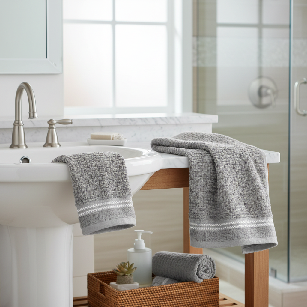 Luxury Stitch Cotton Hand Towel Light Gray 16x27 Inch – Soft, Durable & Stylish – Set of 6