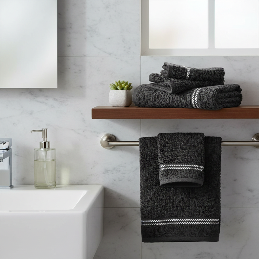 Luxury Stitch Hand Towel Black 16x27 Inch Set of 6