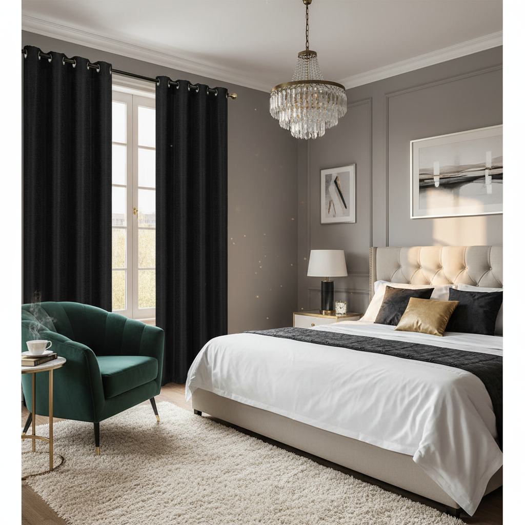 Black Jacquard Blackout Curtain Panel – Linea Design, 96", Set of 2
