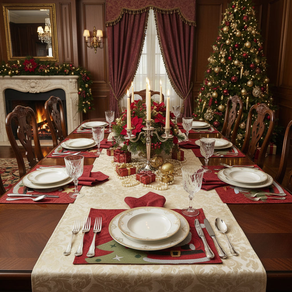Tapestry Unbacked Placemat – Santa Decorating Tree, Holiday Dining Set of 12