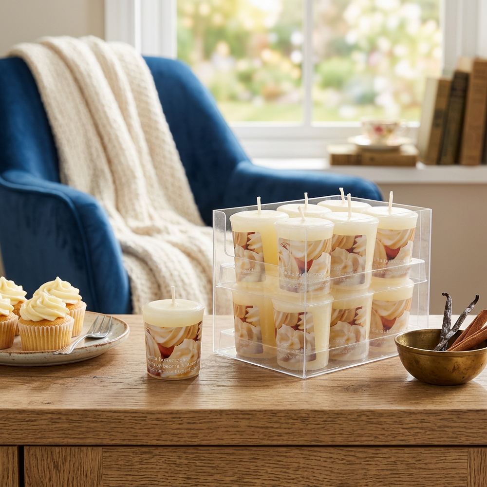 Mushroom-Shaped Vanilla Buttercream Scented Votive Candle – 12-Pack Display
