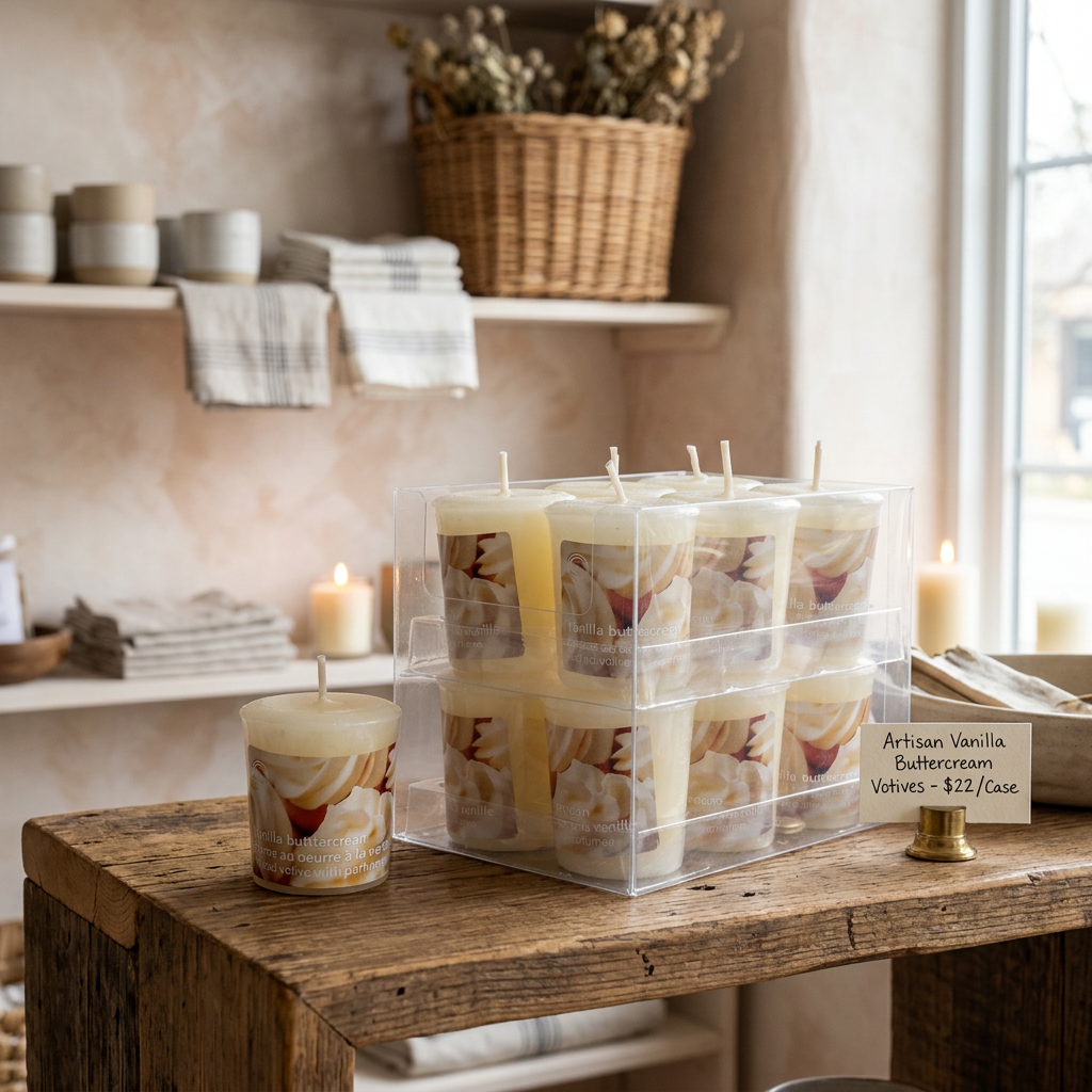 Mushroom-Shaped Vanilla Buttercream Scented Votive Candle – 12-Pack Display