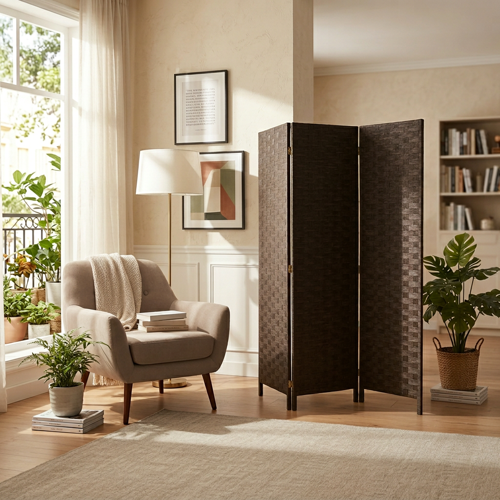 3-Panel Woven Bamboo Room Divider – Chocolate Finish, Privacy Screen