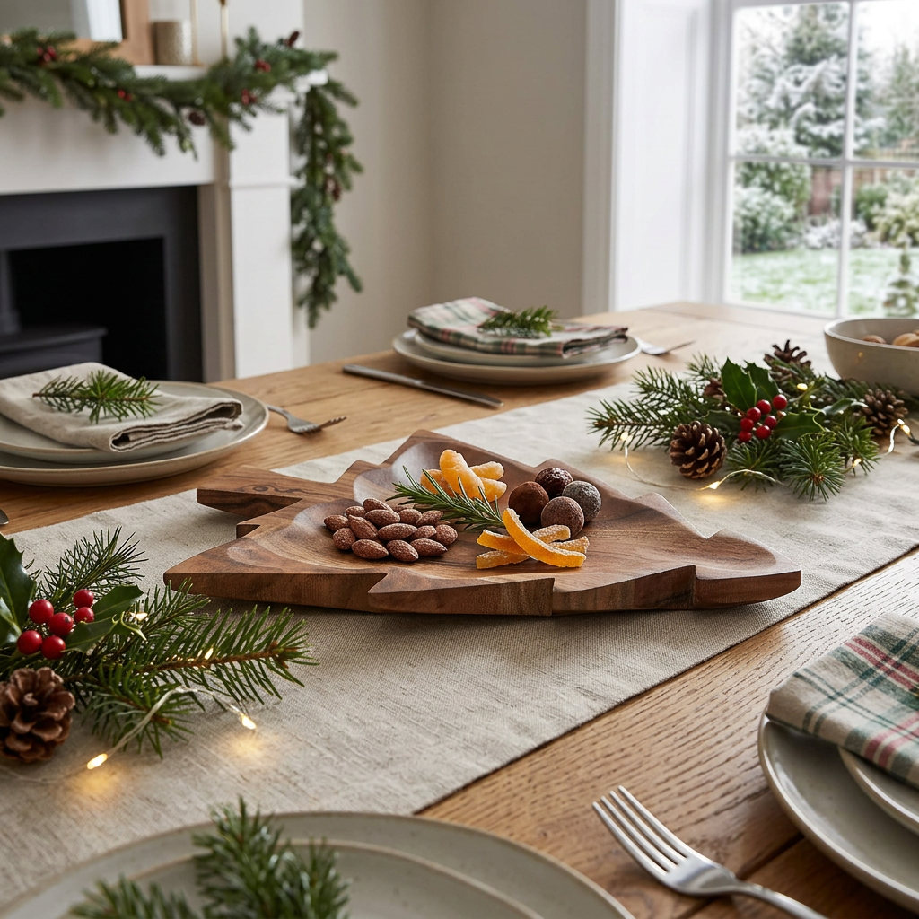 Acacia Oiled Wooden Christmas Tree Dish – Holiday Table Decor, Serving Tray