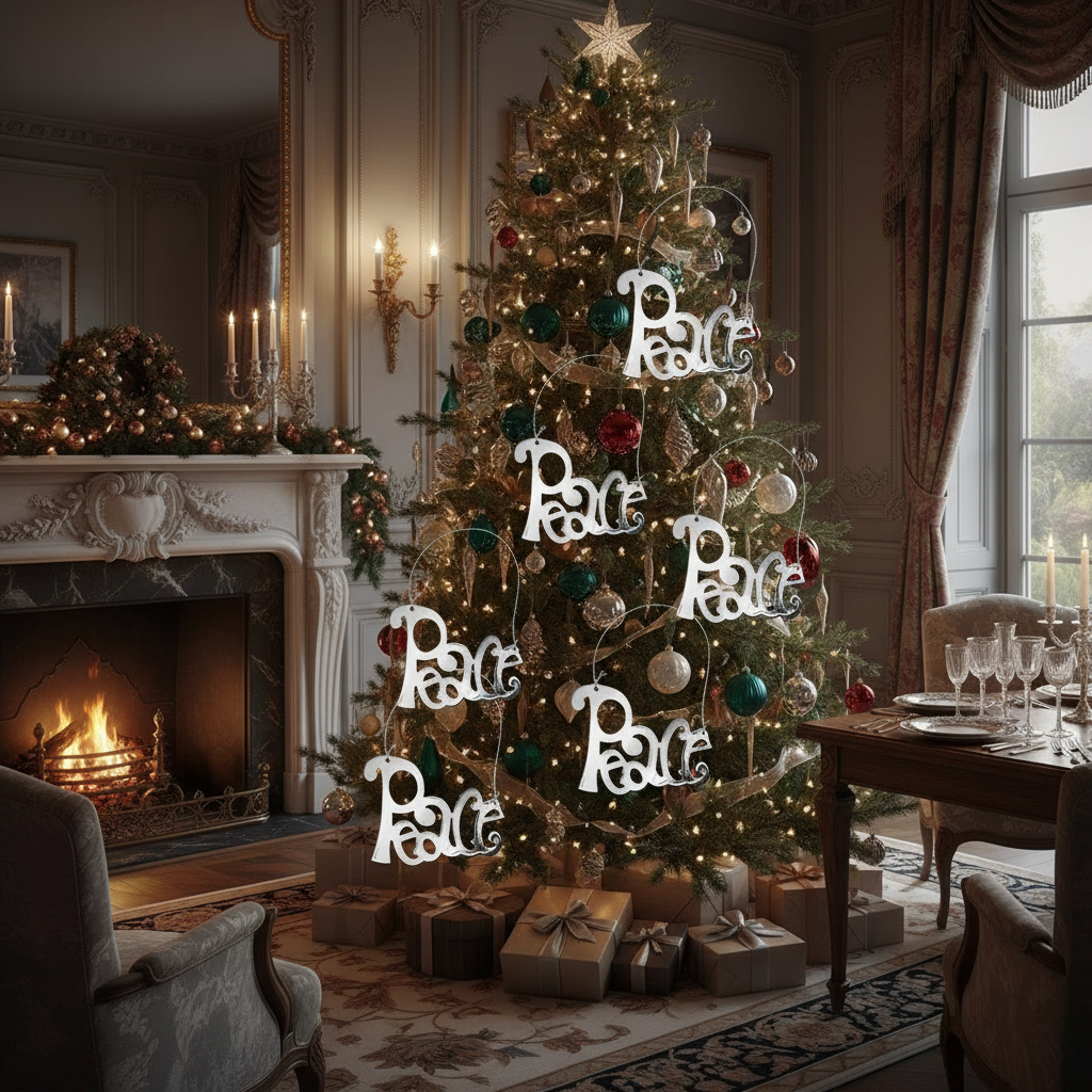 Flat Silver Metal Holiday Ornament – "Peace" Text, Set of 12