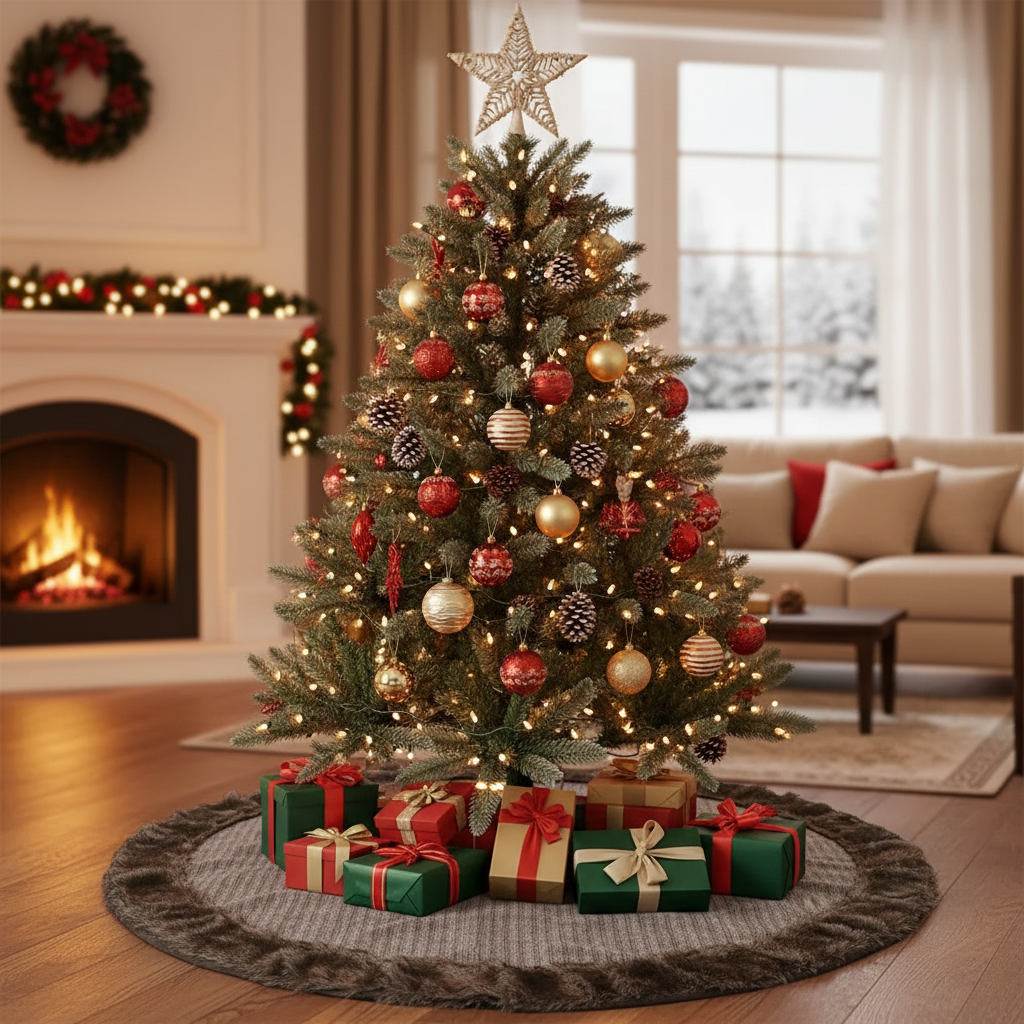 Striped Fabric Christmas Tree Skirt with Border and Button – Holiday Decoration