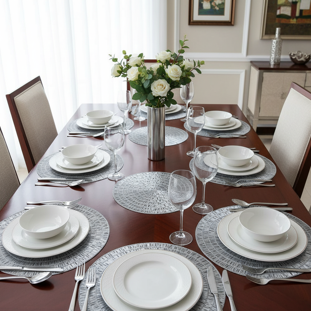 Silver Round PVC Lace Placemat Set of 12 – Elegant Table Decor, Easy-Clean Mats