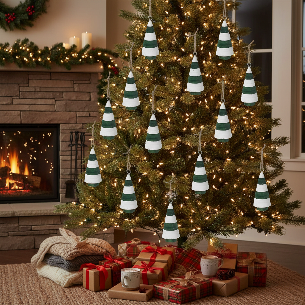 3.54" Wooden Christmas Tree Ornament Set of 12 – Holiday Decoration, Tree Hanging