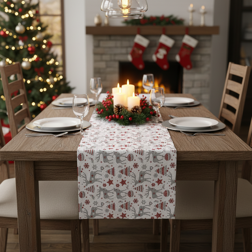 54" Cotton Reindeer Christmas Table Runner – Holiday Dining Decor