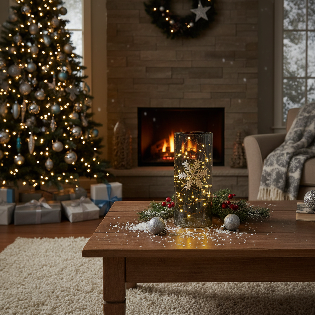 7.88" LED Cylinder Glass Stand Silver Snowflake – Large Christmas Decor