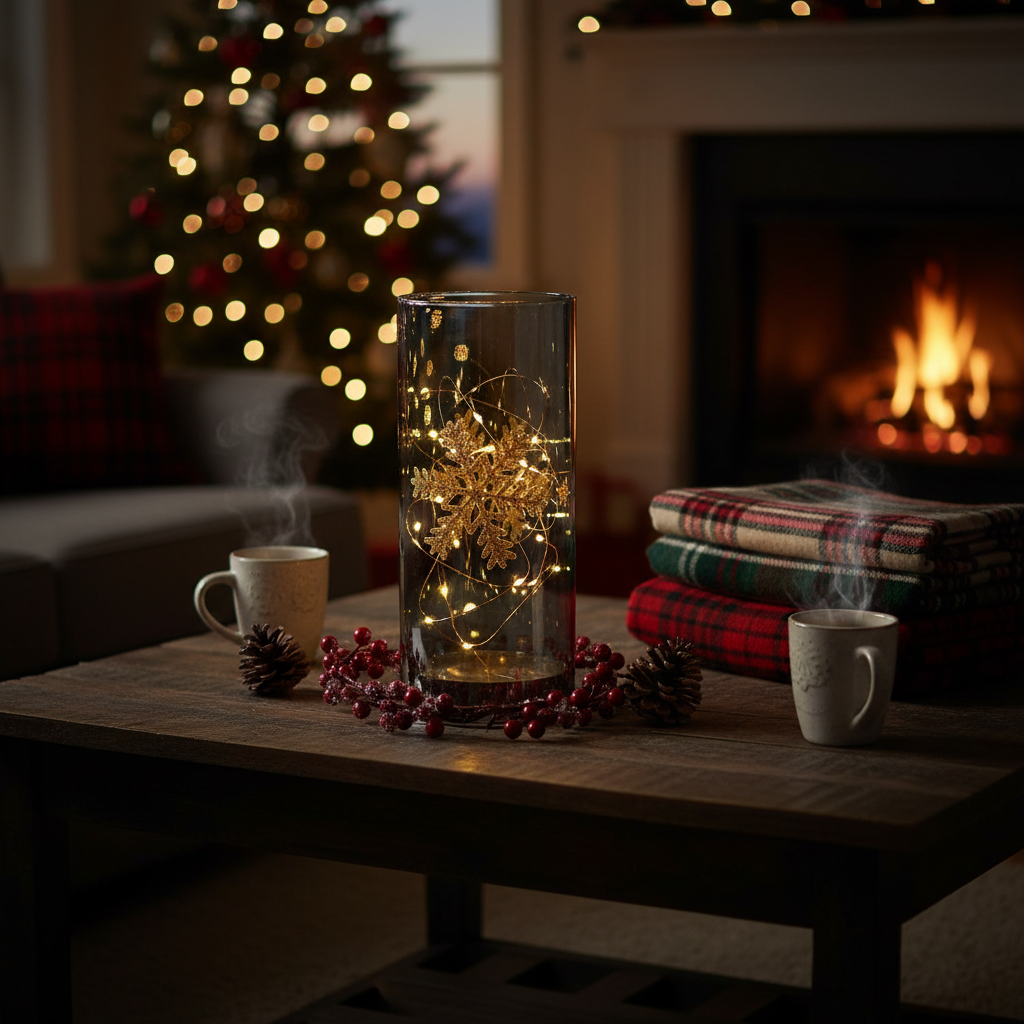 7.88" LED Cylinder Glass Stand Gold Snowflake – Large Christmas Decor