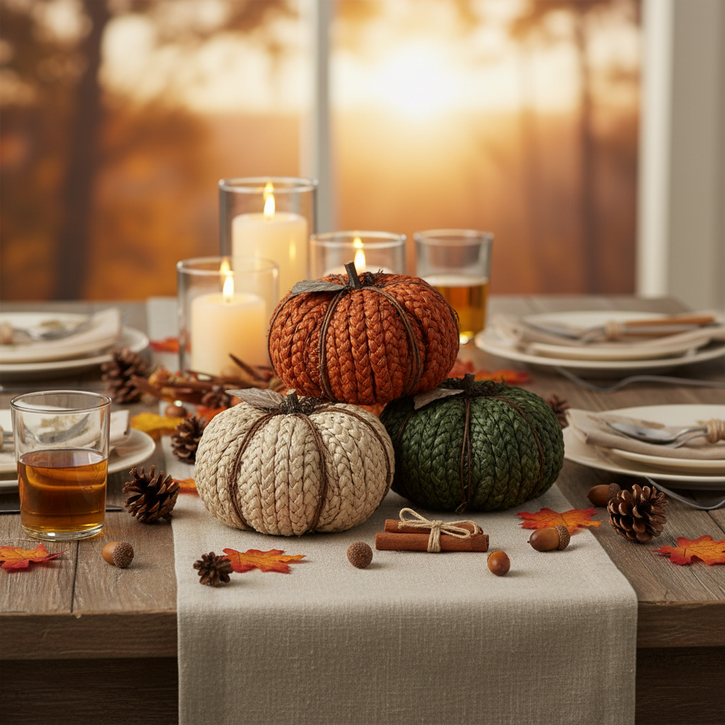 Braided Foam Pumpkin Decor, Fall Harvest Pumpkin Decoration, Thanksgiving Table Decor - Set Of 3