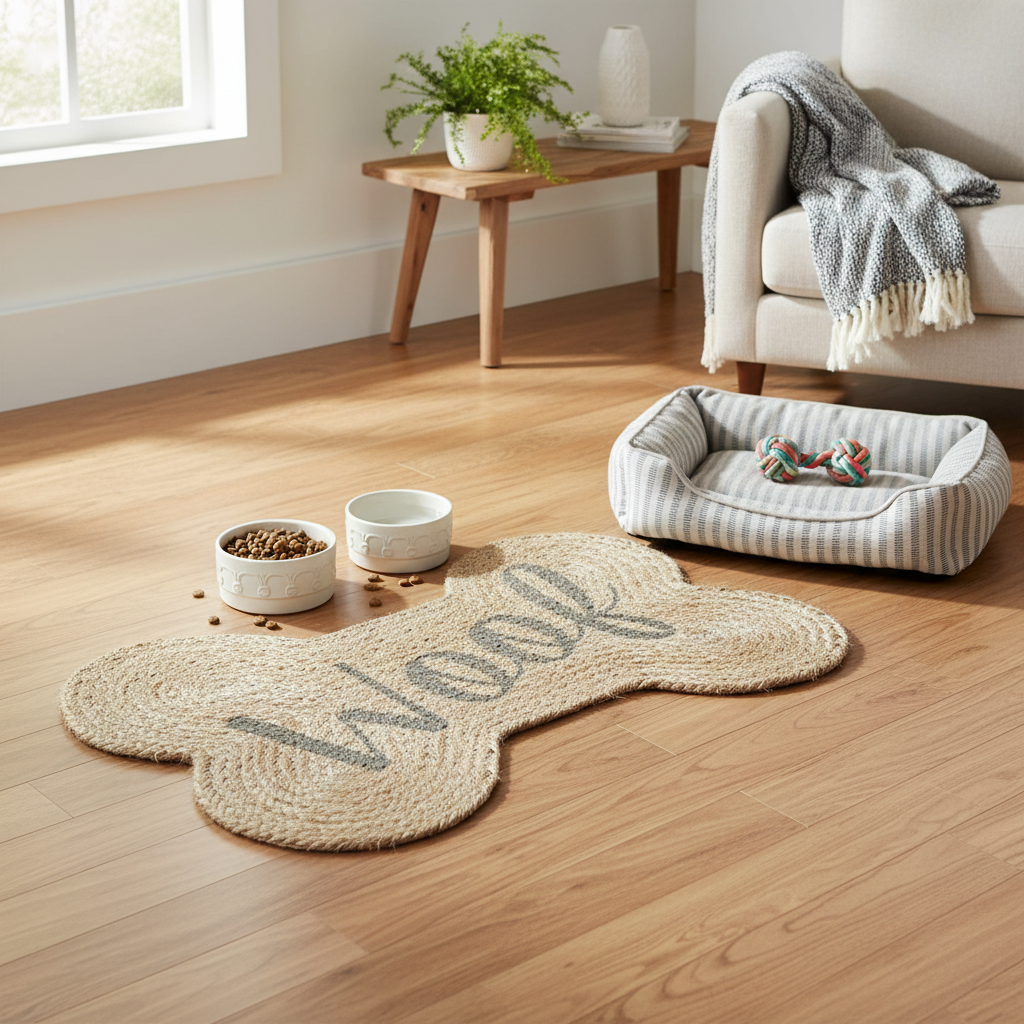 Braided Jute Bone Shape Pet Mat Woof 15 X 23 Inch, Indoor Dog Floor Mat, Pet Friendly Rug