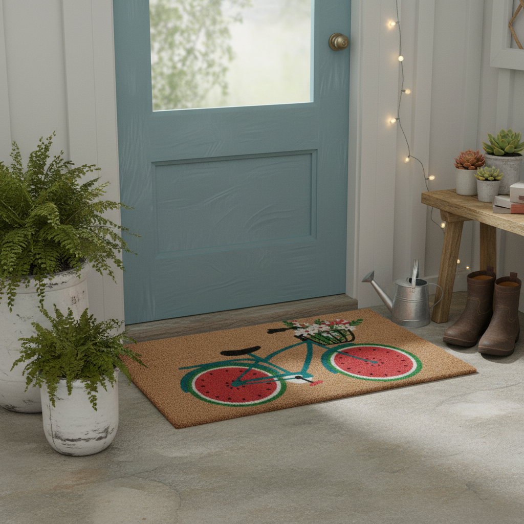 Coir Door Mat Bicycle With Flower Design 18 X 30 Inch, Outdoor Welcome Mat, Front Porch Decor