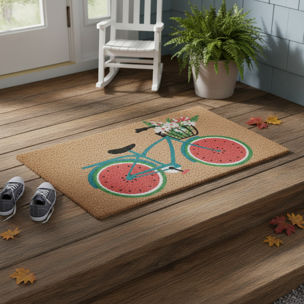 Coir Door Mat Bicycle With Flower Design 18 X 30 Inch, Outdoor Welcome Mat, Front Porch Decor