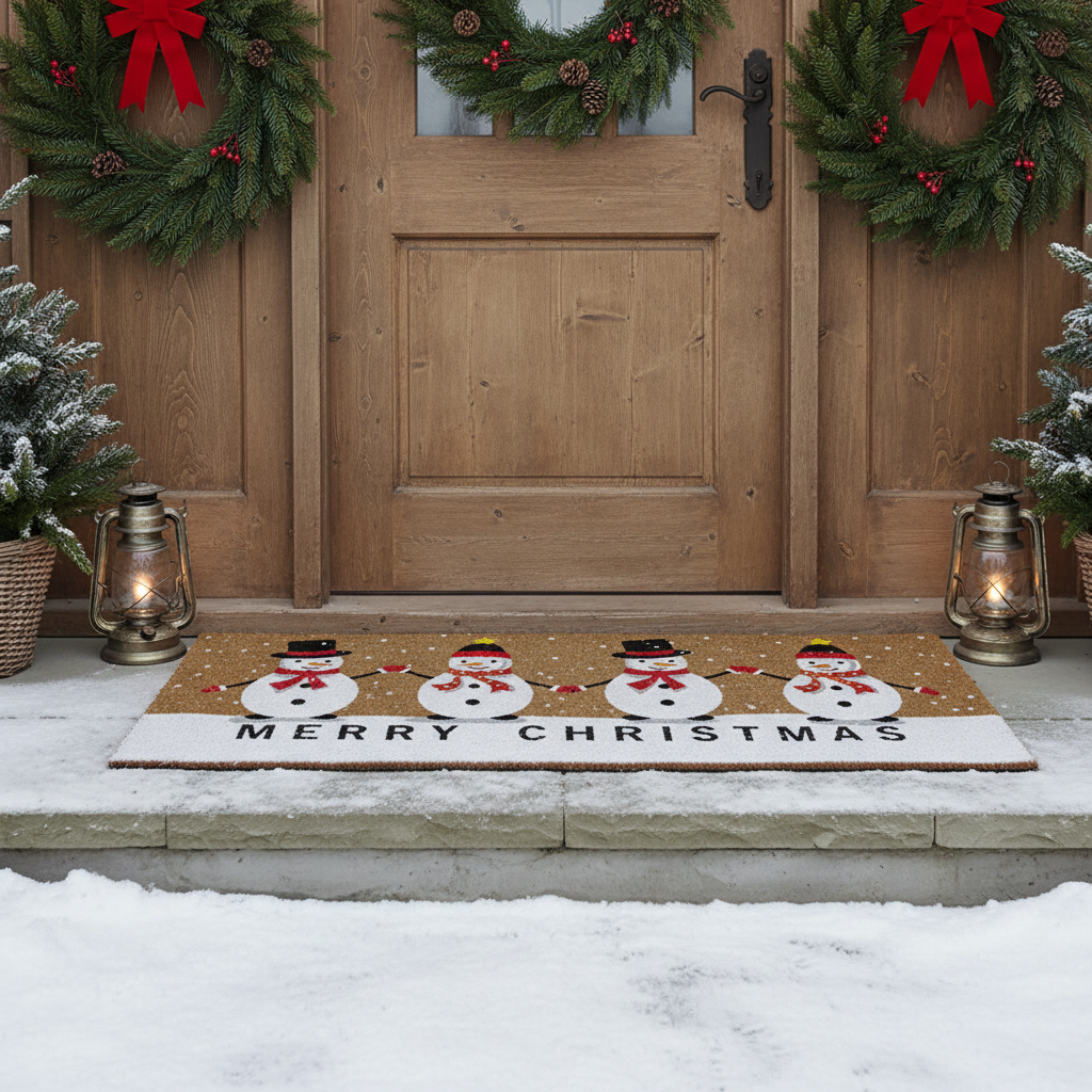 Coir Door Mat Quadruple Snowman Merry Christmas 16 X 48 Holiday Door Mat