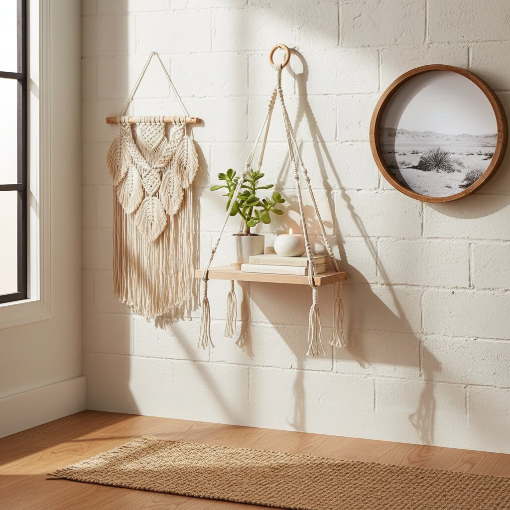 Cotton Rope Wall Hanging With Wooden Shelf, Boho Wall Shelf Decor