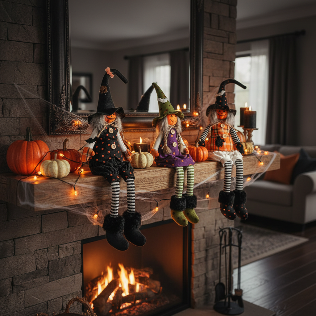 Cotton Sitting Witch Figurine, Halloween Decoration, Spooky Tabletop Decor - Set Of 3