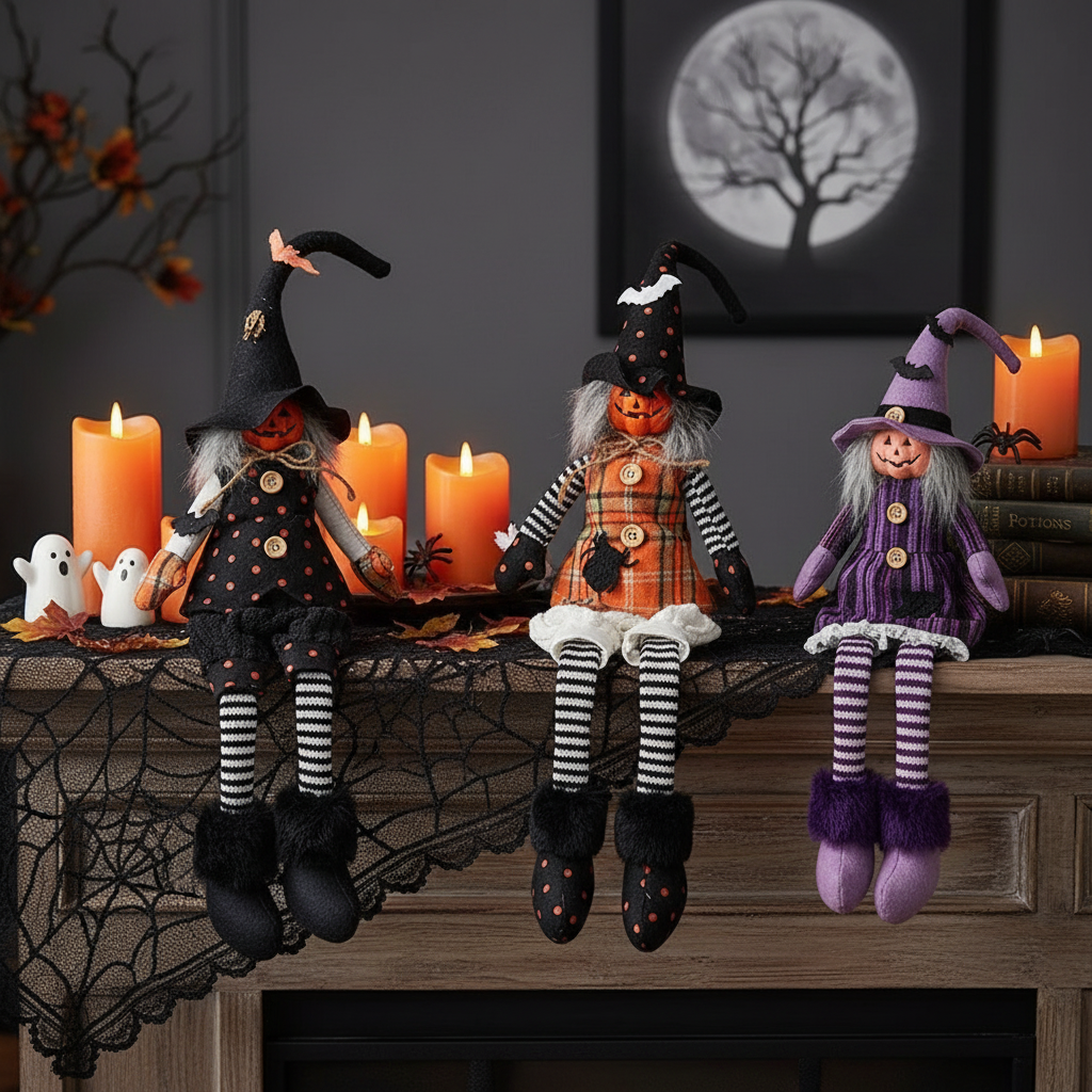 Cotton Sitting Witch Figurine, Halloween Decoration, Spooky Tabletop Decor - Set Of 3