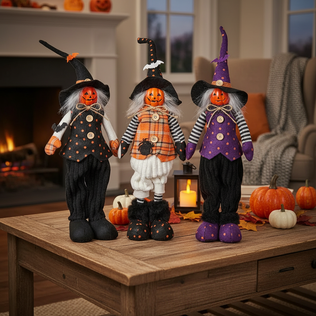 Cotton Standing Witch Figurine, Halloween Decoration, Spooky Tabletop Decor - Set Of 3