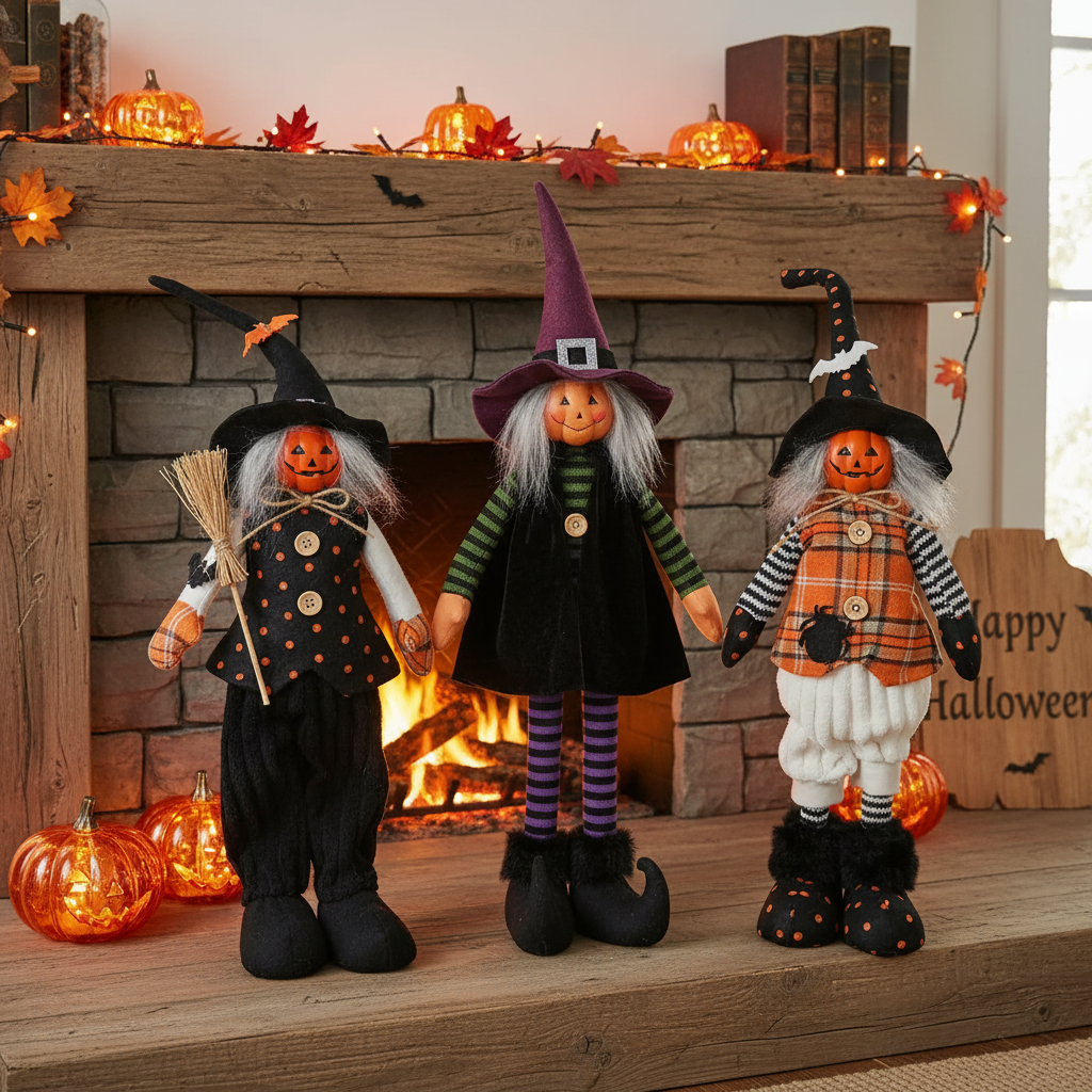 Cotton Standing Witch Figurine, Halloween Decoration, Spooky Tabletop Decor - Set Of 3