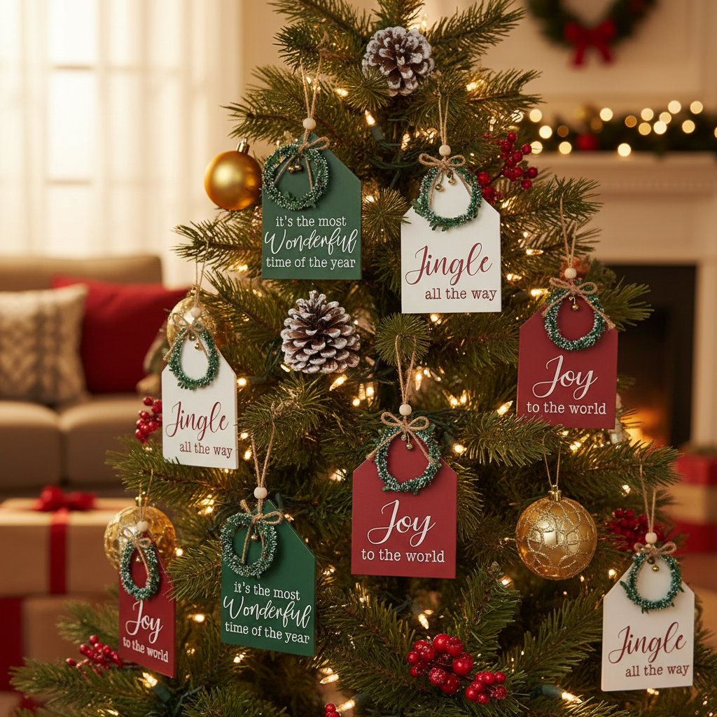 Flat House Shape Christmas Ornament with Text Set of 12 – Holiday Tree Decoration