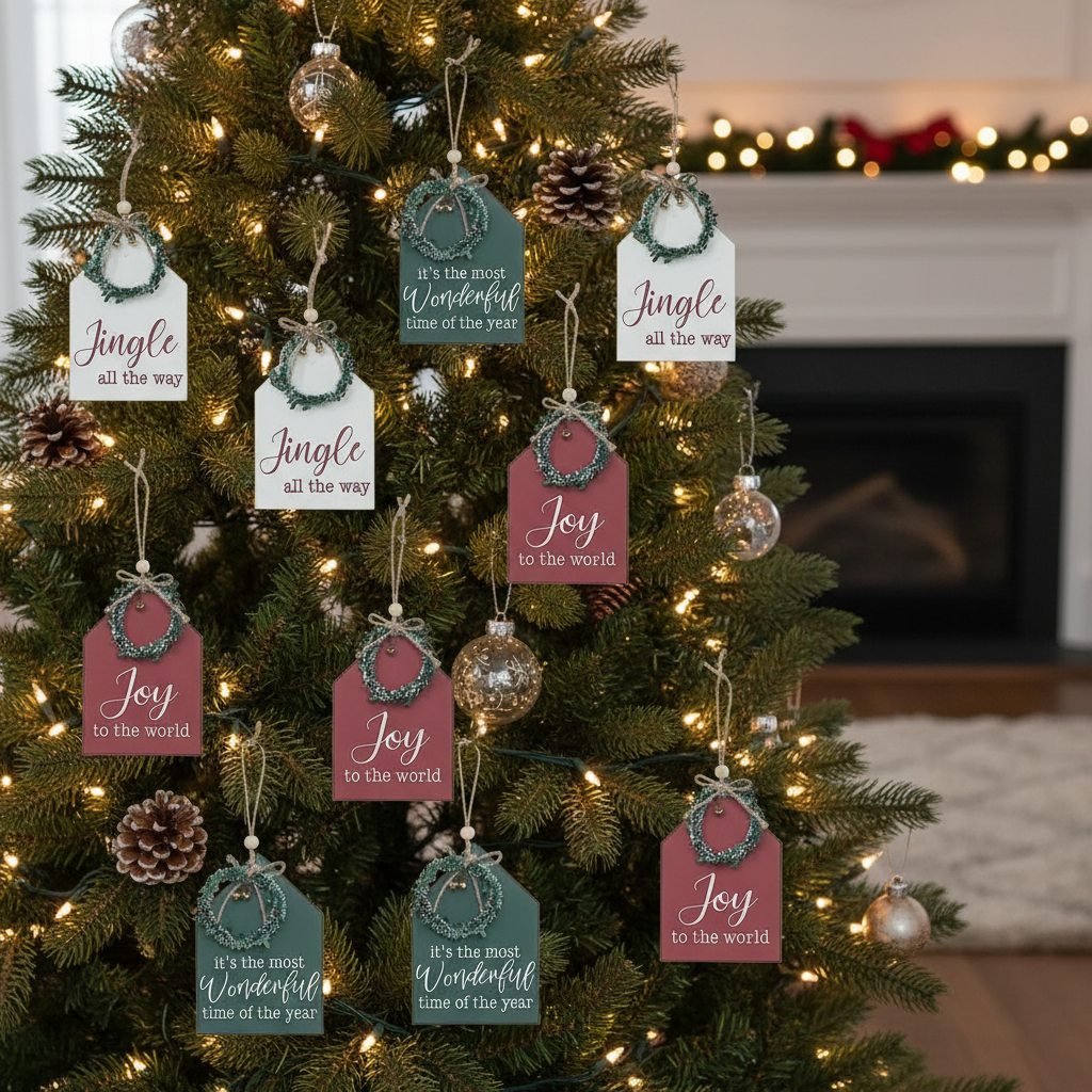 Flat House Shape Christmas Ornament with Text Set of 12 – Holiday Tree Decoration