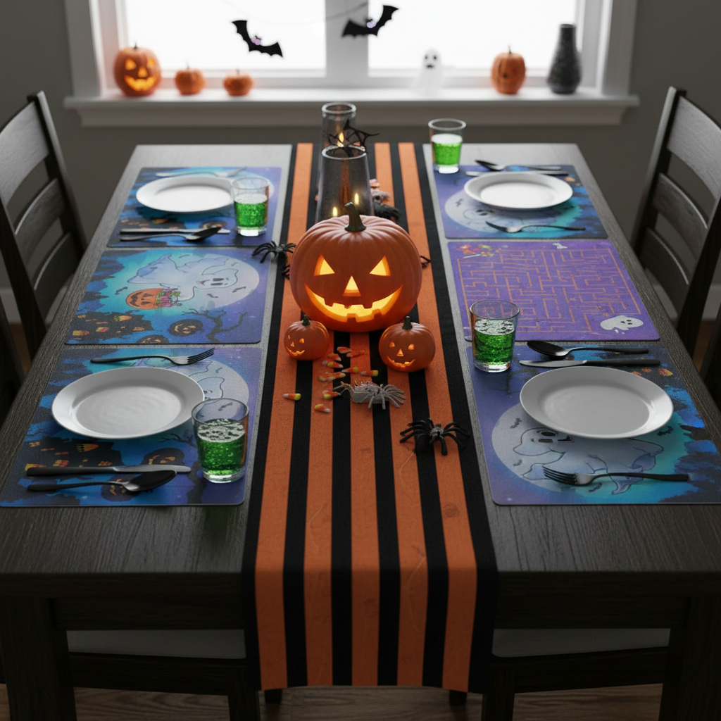 Flying Ghost & Pac-Man Reversible Plastic Placemat Set of 12 – Halloween Table Decor